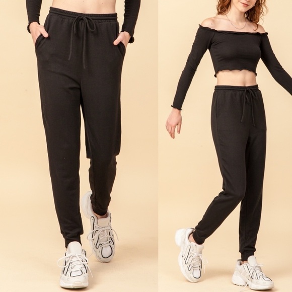 Black High Waist Drawstring Joggers Lounge Athleisure Pants - Picture 1 of 7